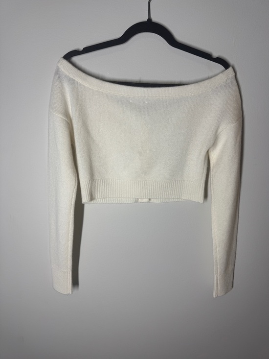 Reformation Millie Cashmere Cream Cropped Off-Shoulder Button Cardigan - Picture 5 of 10
